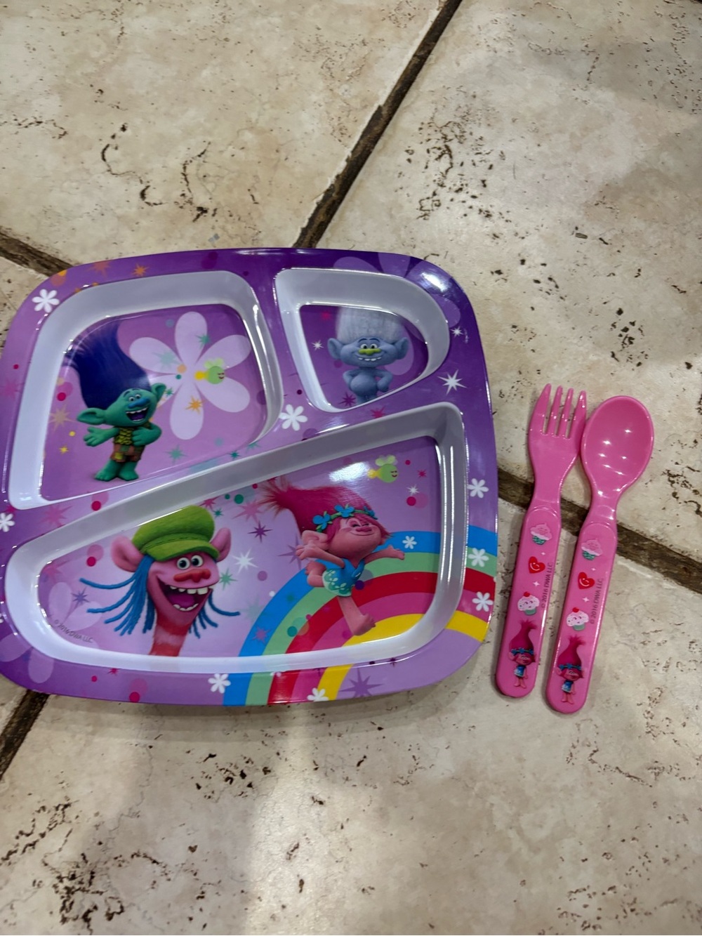 Trolls Kids Sectioned Dinner Plate with Pink Utensils